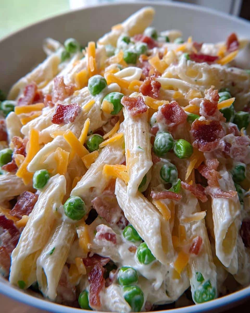 Close-up of penne pasta coated in a creamy sauce with peas, bacon bits, and shredded cheddar cheese, part of the 20g Protein Greek Yogurt Pasta Bowls.