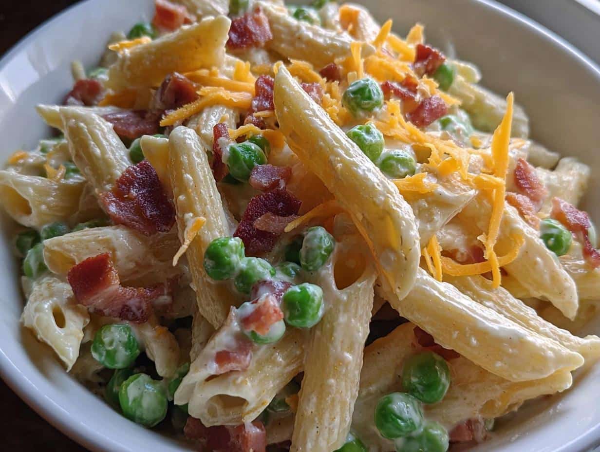 Close-up of penne pasta coated in a creamy sauce with peas, bacon bits, and shredded cheddar cheese, part of the 20g Protein Greek Yogurt Pasta Bowls.