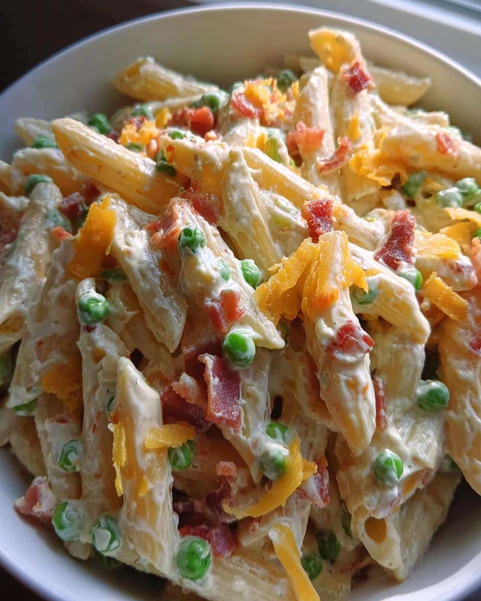 Close-up of creamy penne pasta mixed with peas, bacon bits, and shredded cheese, part of the 20g Protein Greek Yogurt Pasta Bowls.