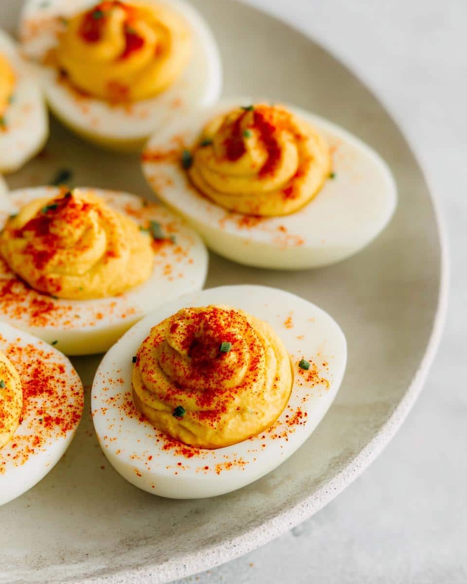 Close-up of creamy Deviled Eggs with Paprika sprinkled over the piped yellow filling.