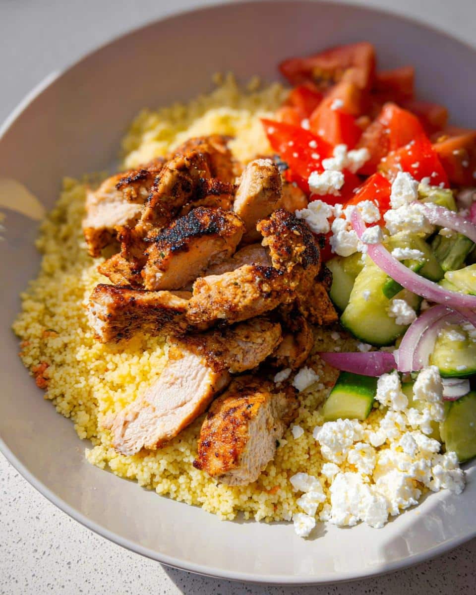 Close-up of Air Fryer BBQ Chicken Bowls featuring seasoned chicken, fluffy couscous, diced tomatoes, cucumbers, red onion, and feta cheese.