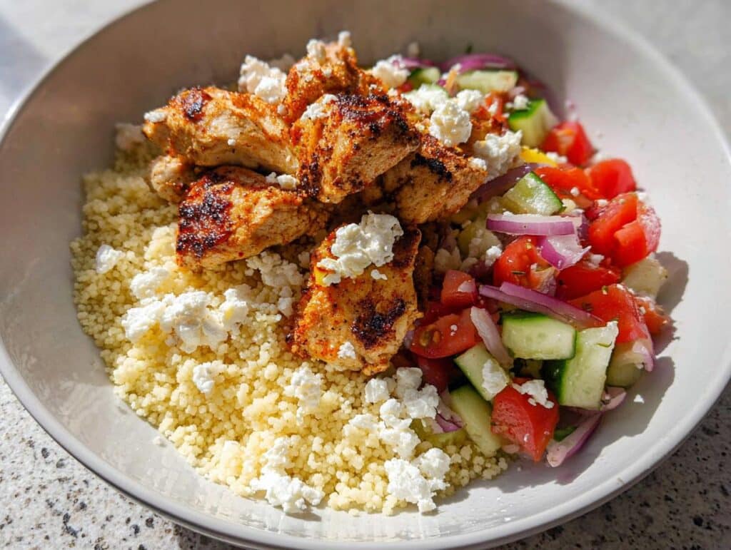 A bowl of Air Fryer BBQ Chicken Bowls with fluffy couscous, fresh chopped tomatoes, cucumber, red onion, and crumbled feta cheese.