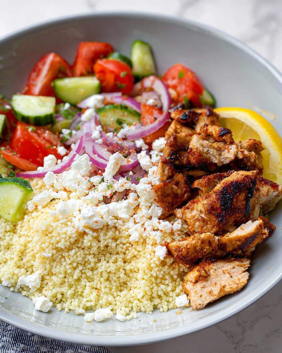 Close-up of Air Fryer BBQ Chicken Bowls featuring seasoned chicken, fluffy couscous, fresh tomato-cucumber salad, and feta cheese.