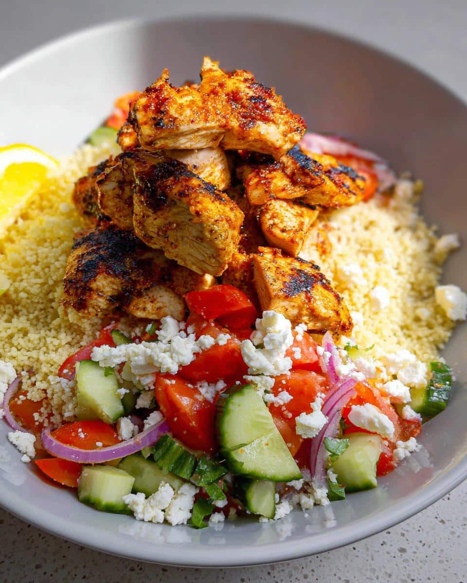 Close-up of Air Fryer BBQ Chicken Bowls featuring seasoned chicken pieces atop fluffy couscous with a fresh tomato, cucumber, and feta salad.