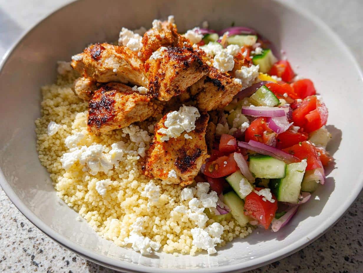 A bowl of Air Fryer BBQ Chicken Bowls with fluffy couscous, fresh chopped tomatoes, cucumber, red onion, and crumbled feta cheese.