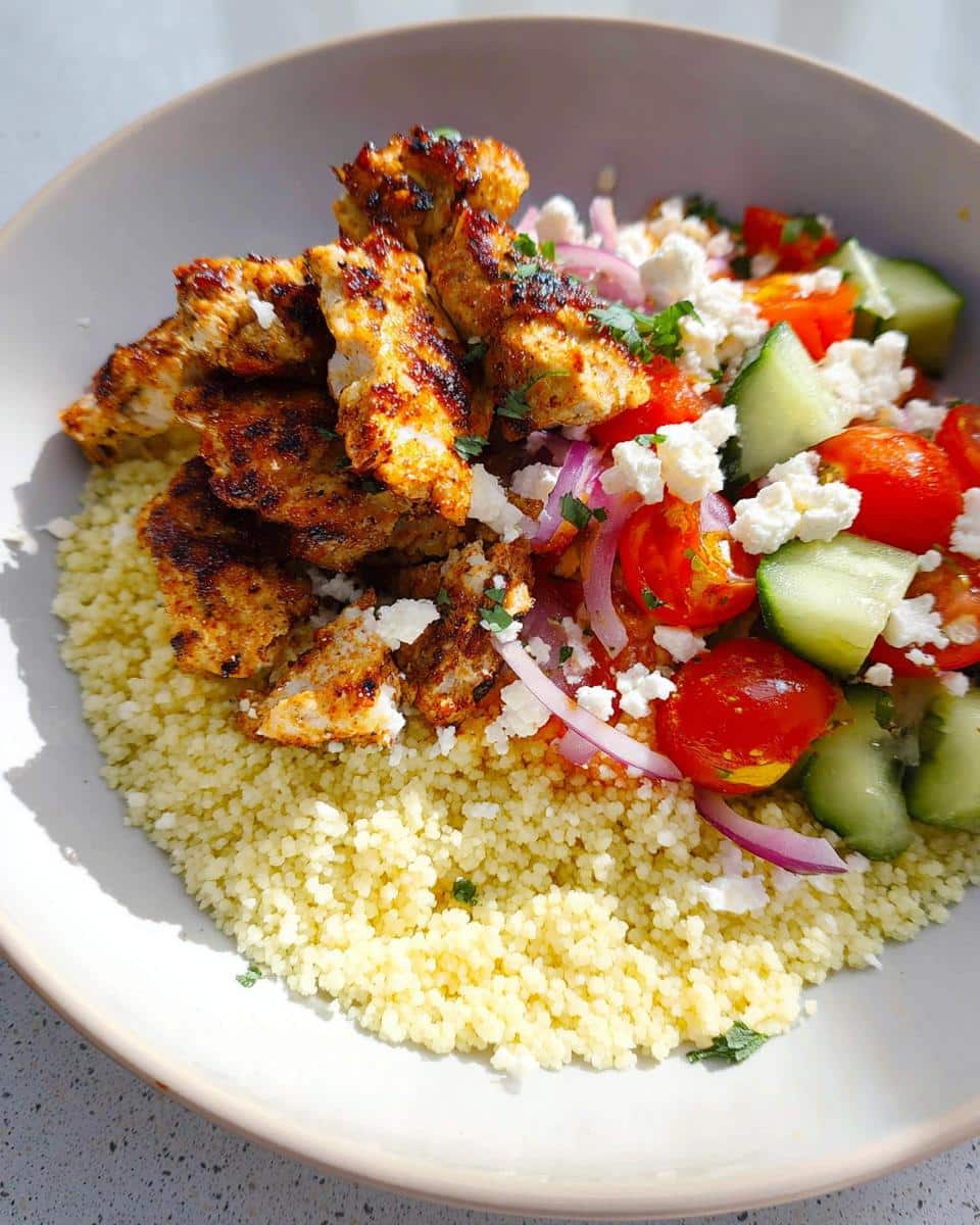 Close-up of Air Fryer BBQ Chicken Bowls with fluffy couscous, grilled chicken, cherry tomatoes, cucumber, red onion, and feta cheese.
