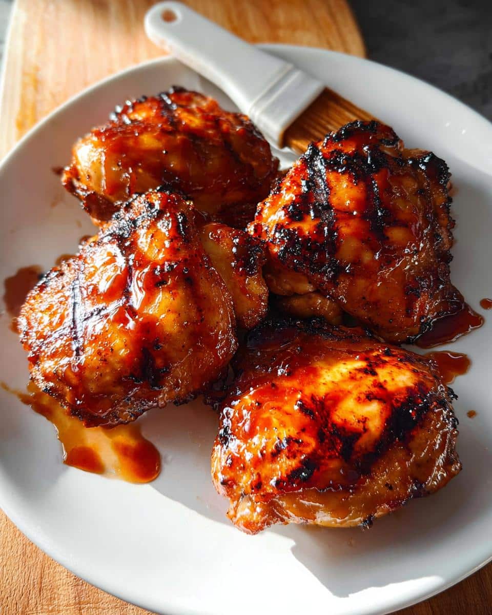 A plate of four juicy, glazed Air Fryer BBQ Chicken Thighs with grill marks and a basting brush nearby.