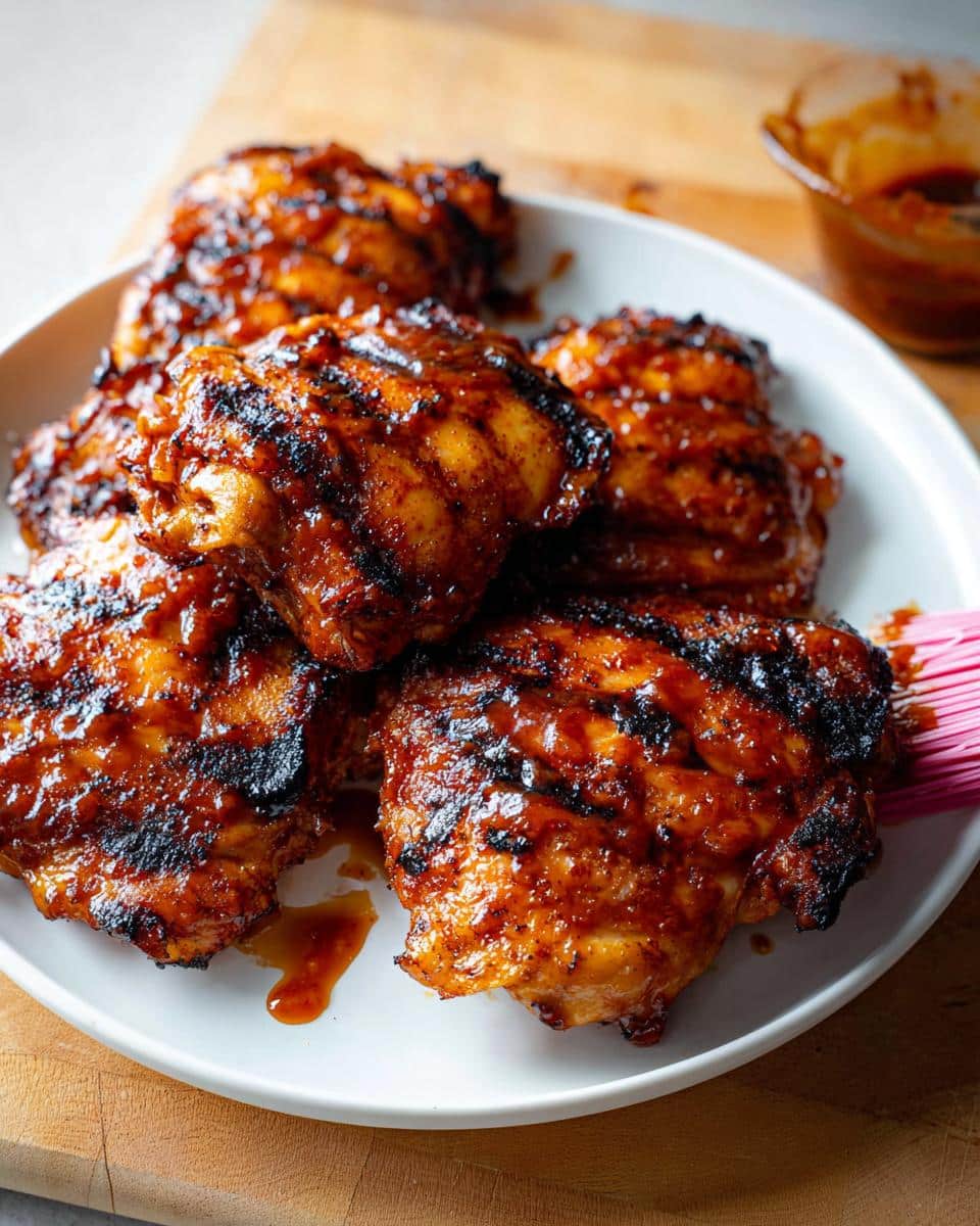A plate of perfectly cooked Air Fryer BBQ Chicken Thighs with grill marks and a glossy BBQ sauce glaze.