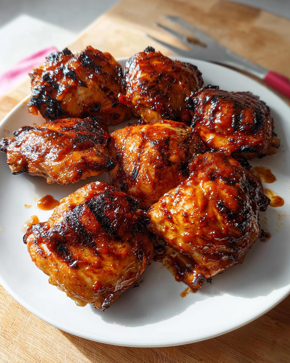 A plate of perfectly cooked, crispy Air Fryer BBQ Chicken Thighs glazed with a rich BBQ sauce.