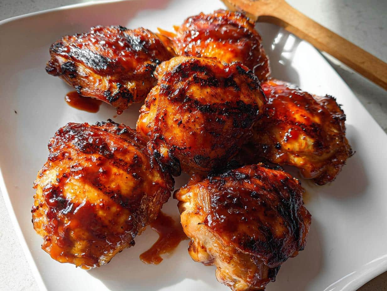 A plate of perfectly cooked, glossy Air Fryer BBQ Chicken Thighs with grill marks.