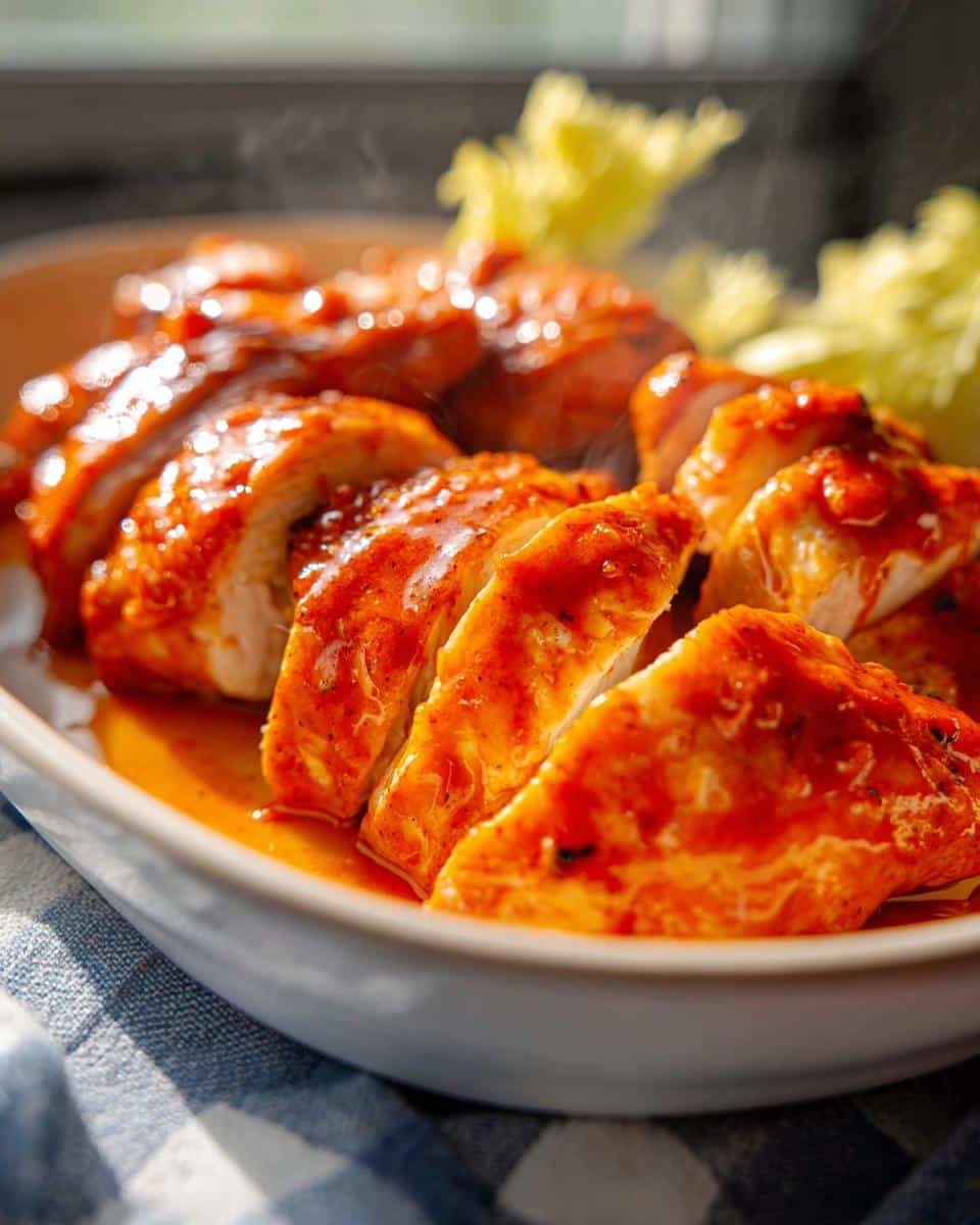 Close-up of sliced Air Fryer Buffalo Chicken, glistening with sauce and served with celery.