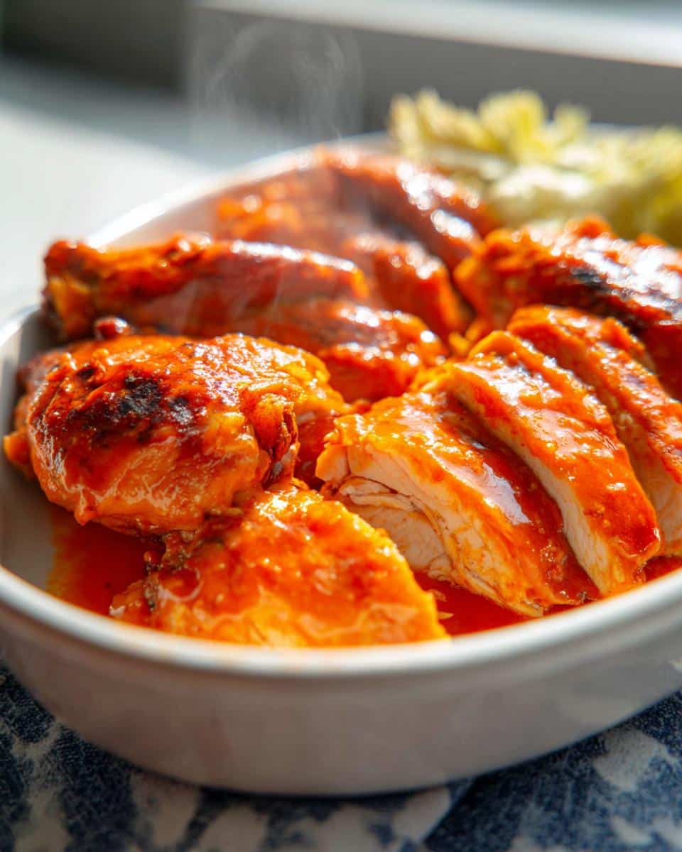 Close-up of sliced Air Fryer Buffalo Chicken Meal Prep, coated in a vibrant orange sauce, with steam rising.