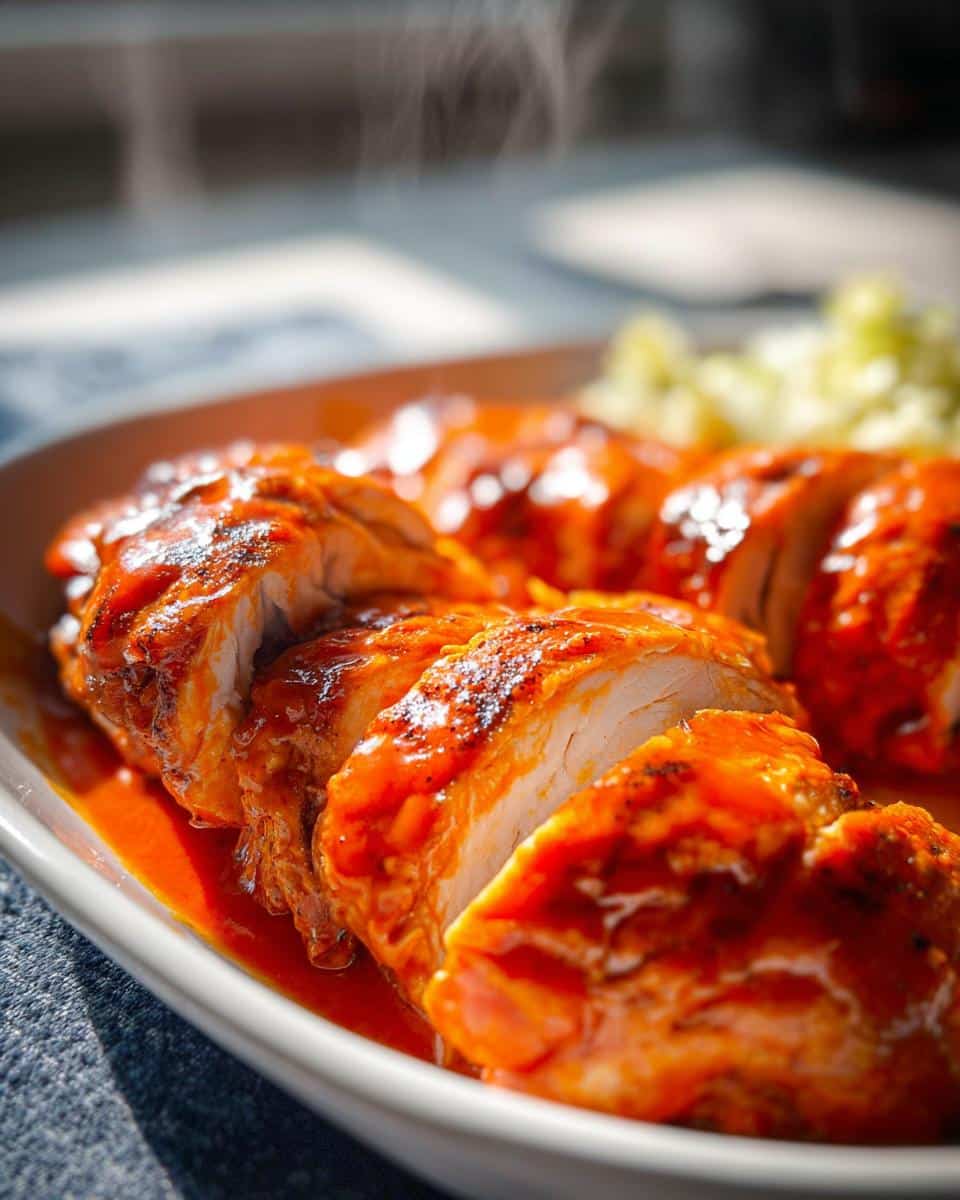 Close-up of sliced Air Fryer Buffalo Chicken Meal Prep, coated in spicy red sauce and steaming.