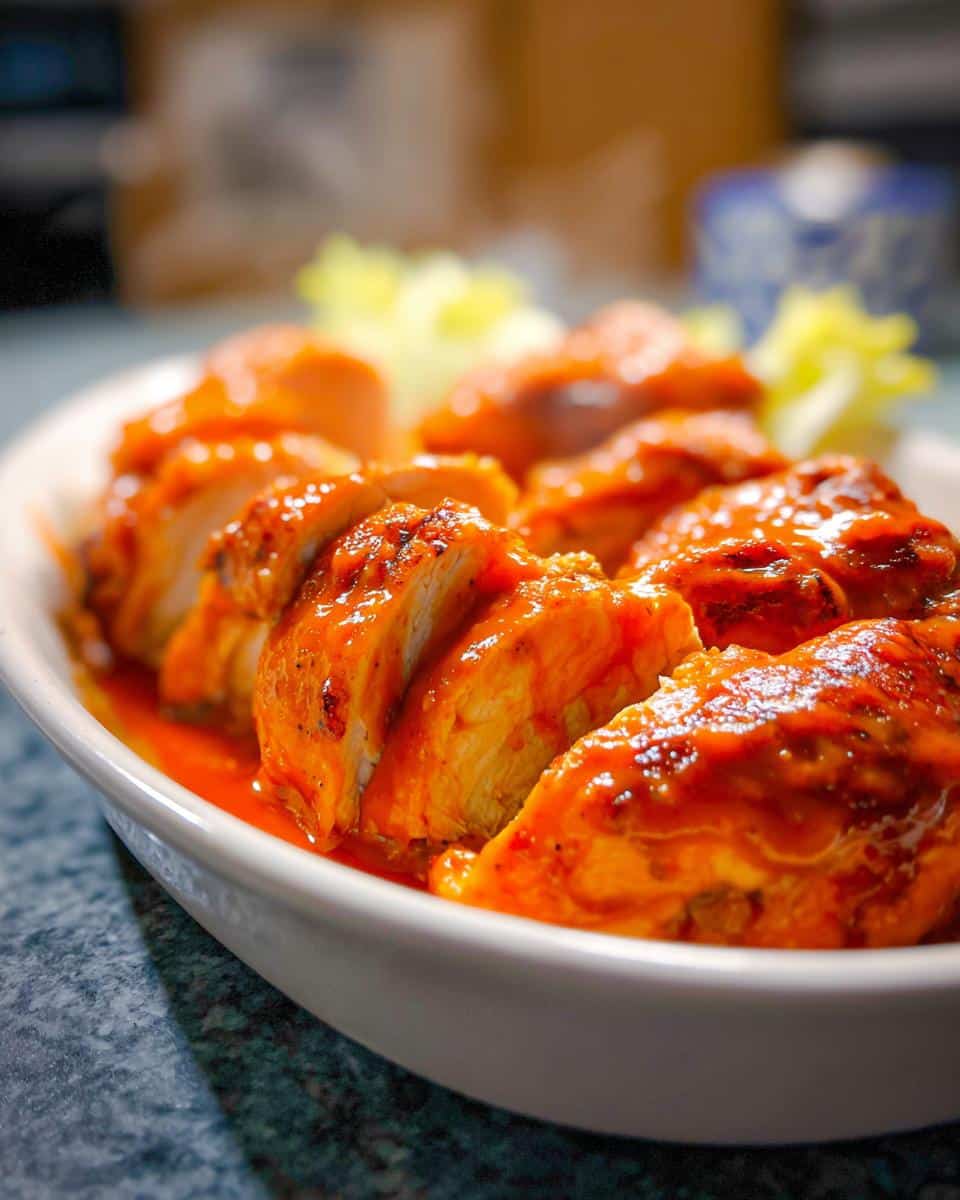 Close-up of sliced air fryer buffalo chicken breast coated in spicy sauce, ready for meal prep.