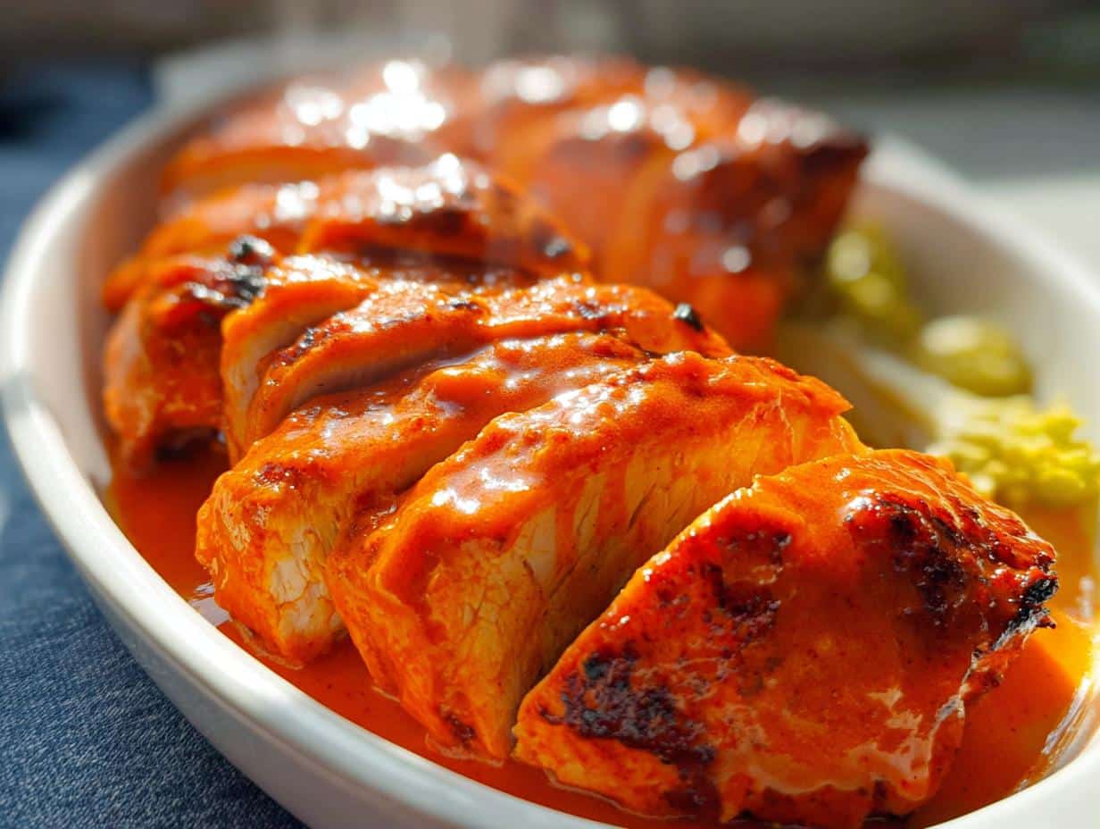 Close-up of sliced Air Fryer Buffalo Chicken Meal Prep, coated in a glossy, spicy buffalo sauce.