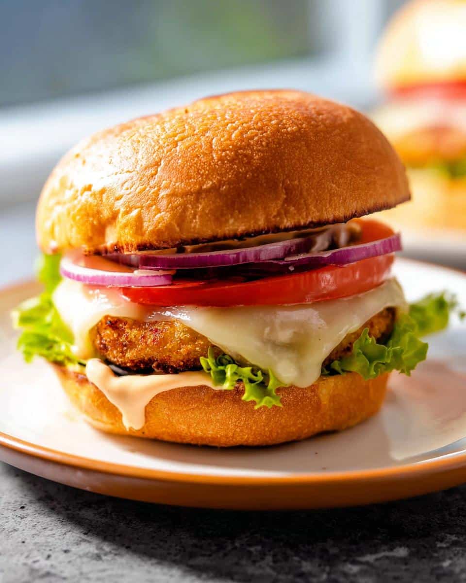 A delicious Air Fryer Chicken Burger with melted cheese, lettuce, tomato, and red onion on a toasted bun.