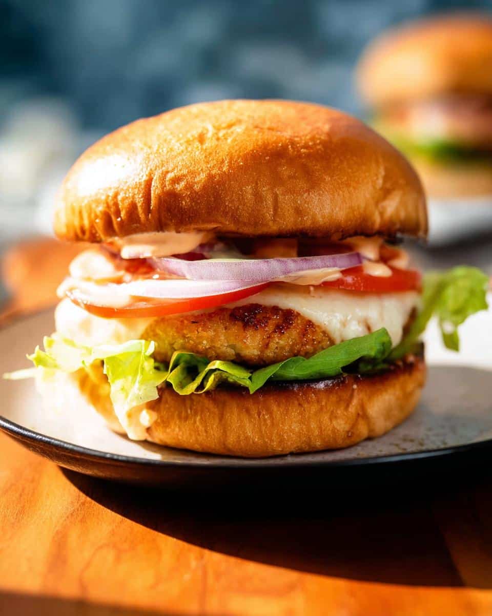 A close-up of a juicy Air Fryer Chicken Burger with lettuce, tomato, onion, cheese, and sauce on a toasted bun.