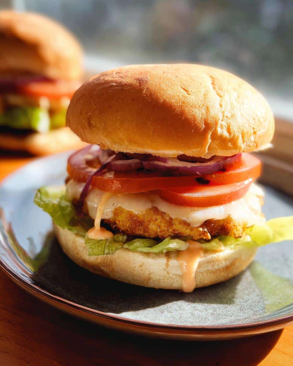 A close-up of a delicious Air Fryer Chicken Burger on a plate, with lettuce, tomato, onion, and melted cheese.