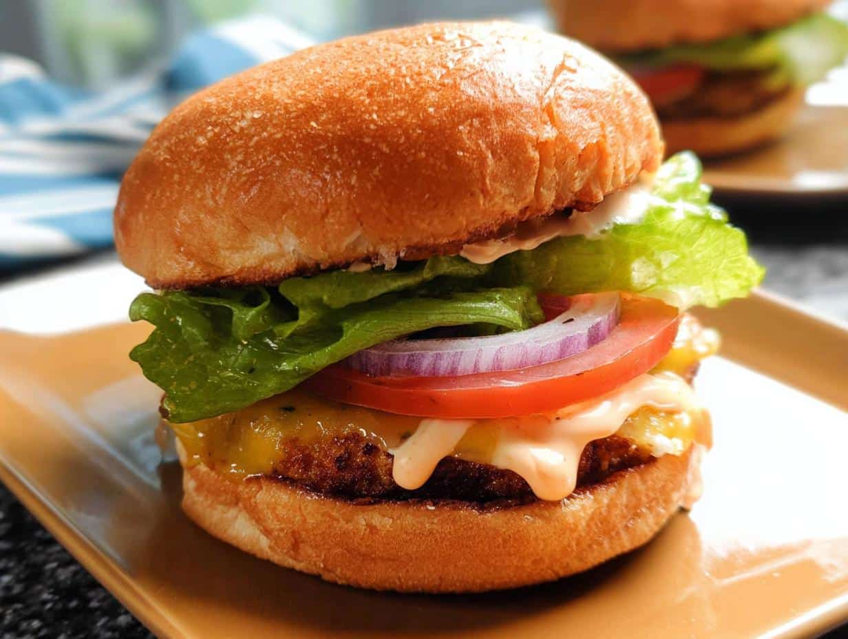 A close-up of a juicy air fryer chicken burger with lettuce, tomato, red onion, cheese, and sauce on a bun.
