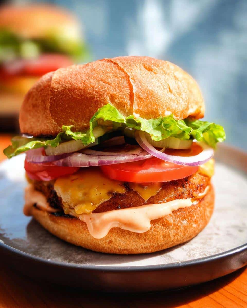 A close-up of a juicy air fryer chicken burger on a plate, with melted cheese, lettuce, tomato, onion, and sauce.