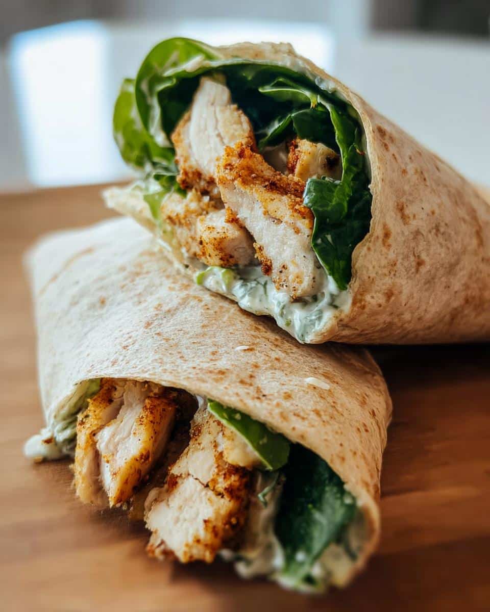Two Air Fryer Chicken Caesar Wraps filled with crispy chicken, lettuce, and creamy Caesar dressing.