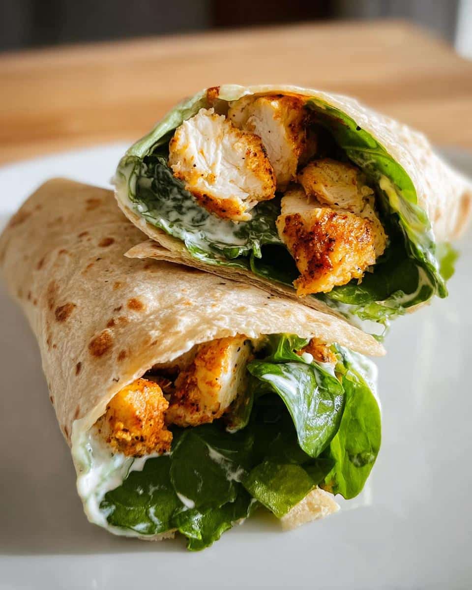 Close-up of Air Fryer Chicken Caesar Wraps, showing seasoned chicken pieces and fresh lettuce with creamy dressing.