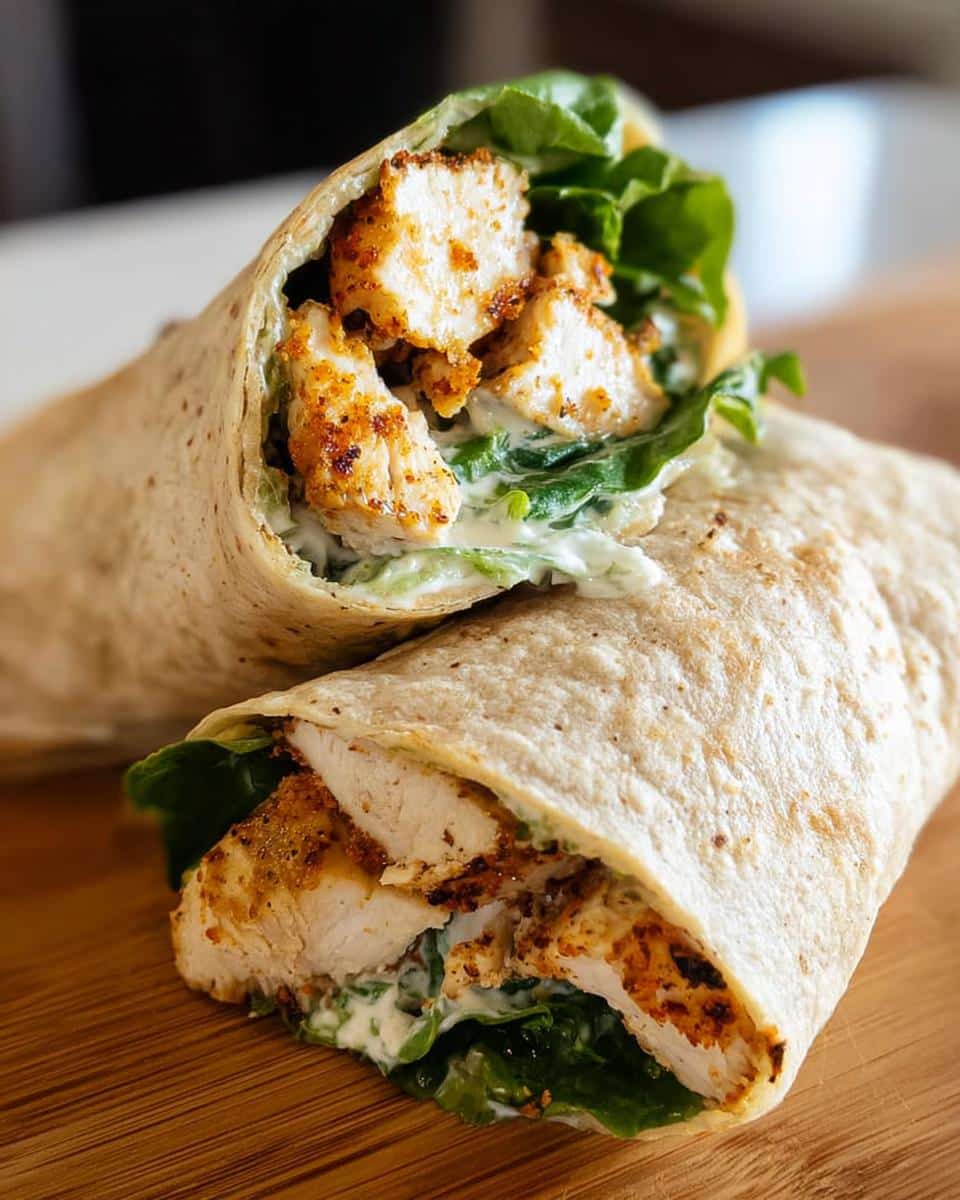 Close-up of two Air Fryer Chicken Caesar Wraps filled with crispy chicken, lettuce, and creamy dressing.