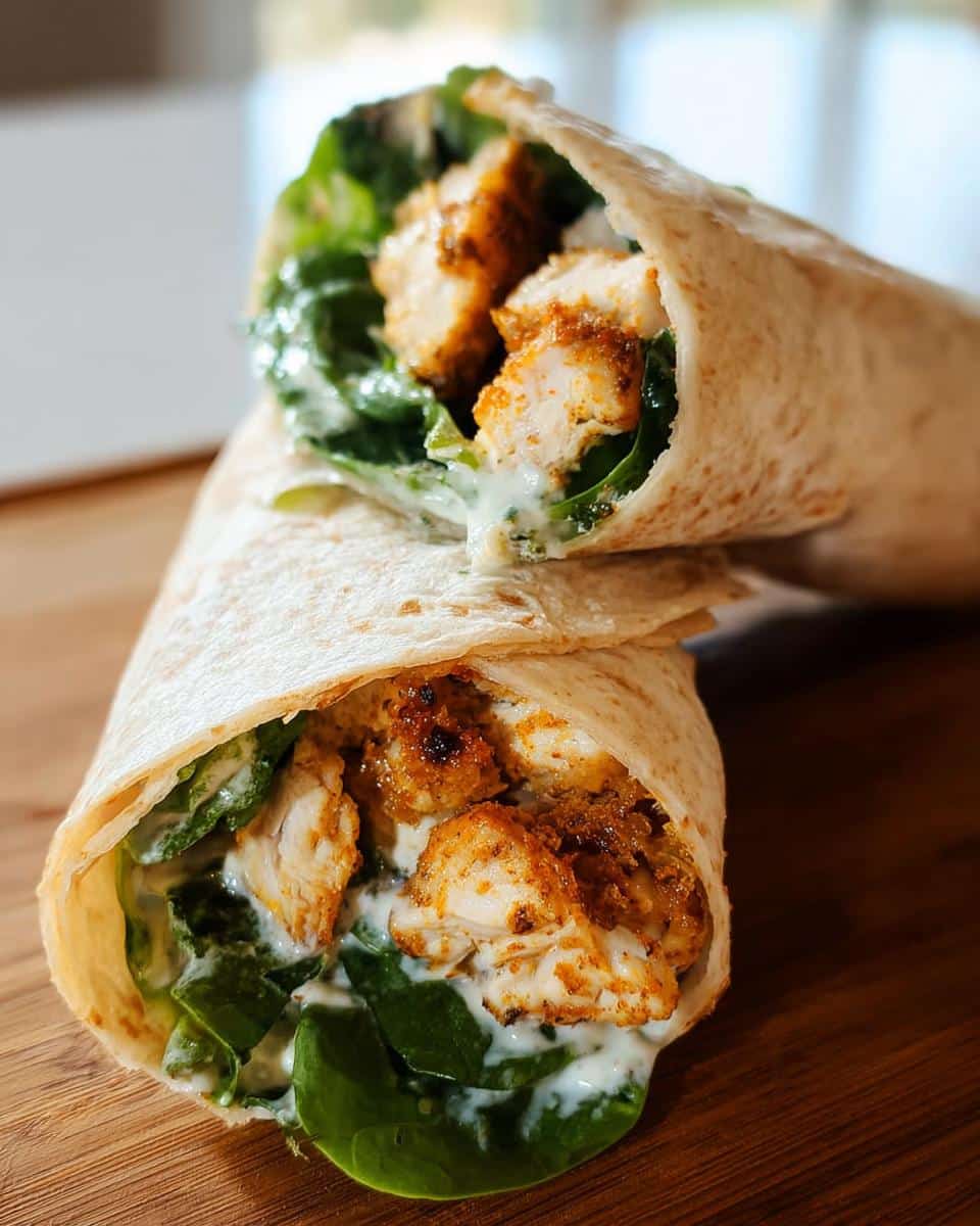 Close-up of two Air Fryer Chicken Caesar Wraps stacked, showing seasoned chicken, fresh lettuce, and creamy Caesar dressing.