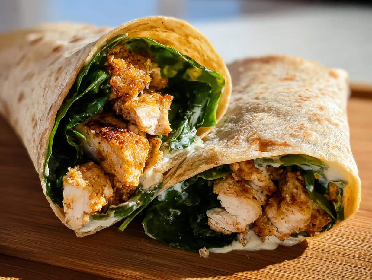 Two Air Fryer Chicken Caesar Wraps filled with crispy chicken, spinach, and Caesar dressing on a wooden board.