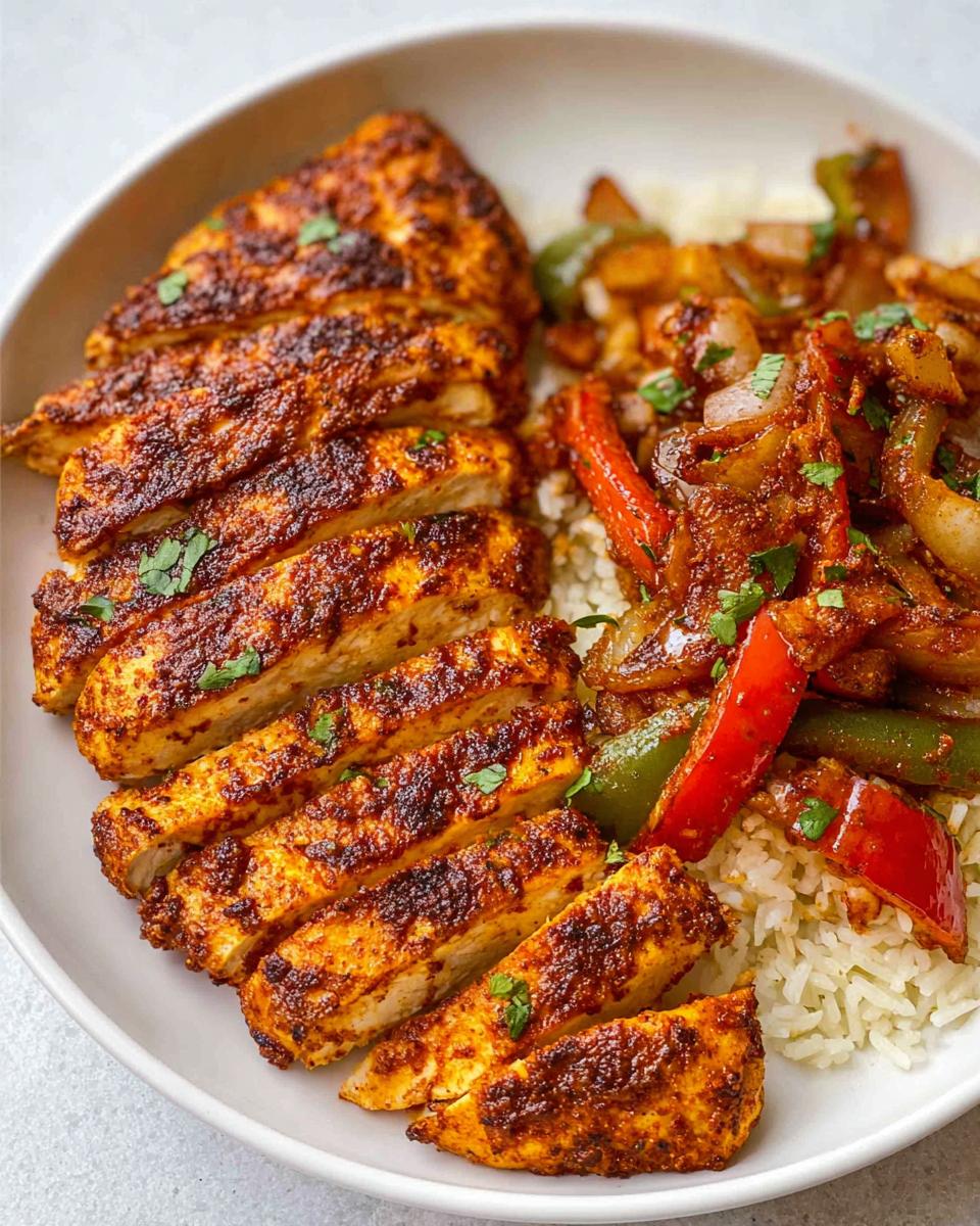 Close-up of sliced air fryer chicken breast seasoned with fajita spices, served over rice with sautéed peppers and onions.