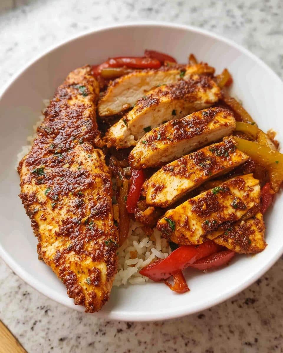 A white bowl filled with Air Fryer Chicken Fajita Bowls, featuring sliced seasoned chicken, bell peppers, and onions over rice.