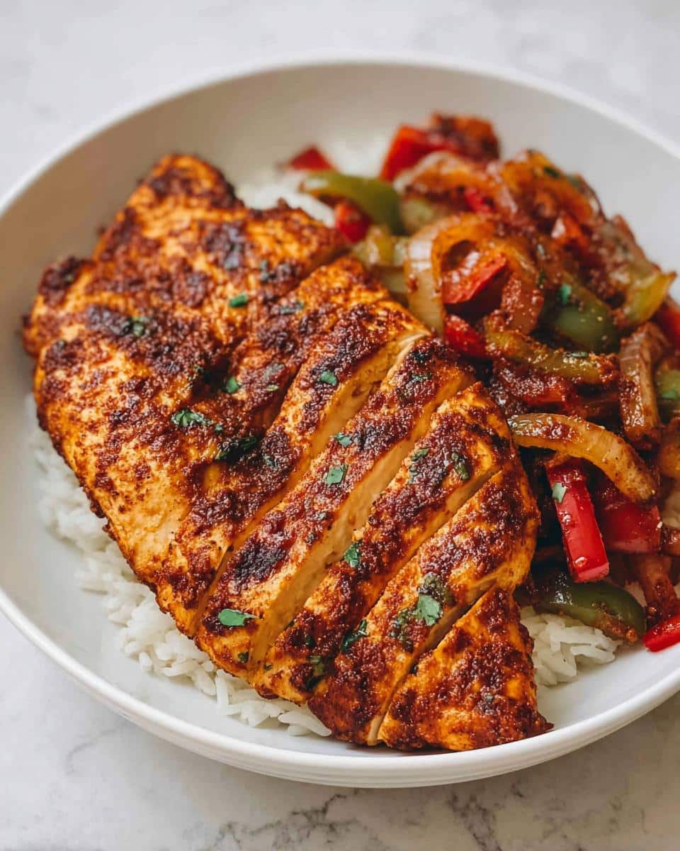 Juicy Air Fryer Chicken Fajita Bowls served over white rice with sautéed peppers and onions.