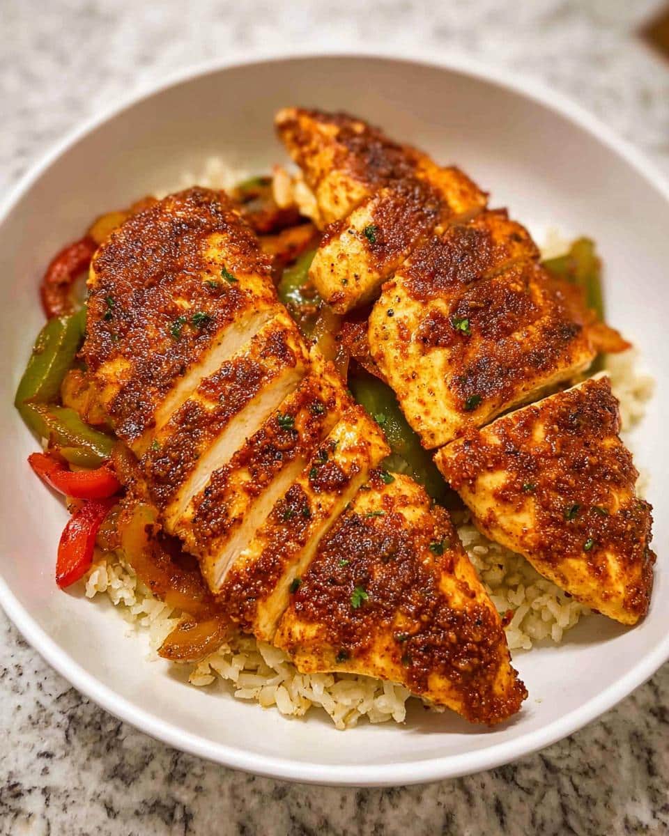Close-up of Air Fryer Chicken Fajita Bowls with sliced seasoned chicken, bell peppers, and onions served over rice.