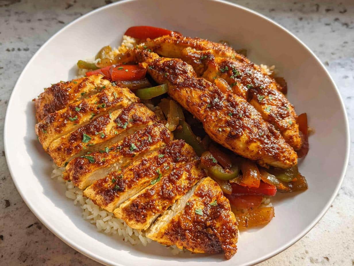 A white bowl filled with fluffy white rice topped with sliced air fryer chicken and colorful bell peppers, seasoned for Air Fryer Chicken Fajita Bowls.