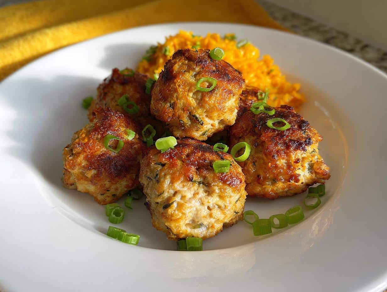 A plate of golden-brown Air Fryer Chicken Meatballs served with orange rice and garnished with chopped green onions.