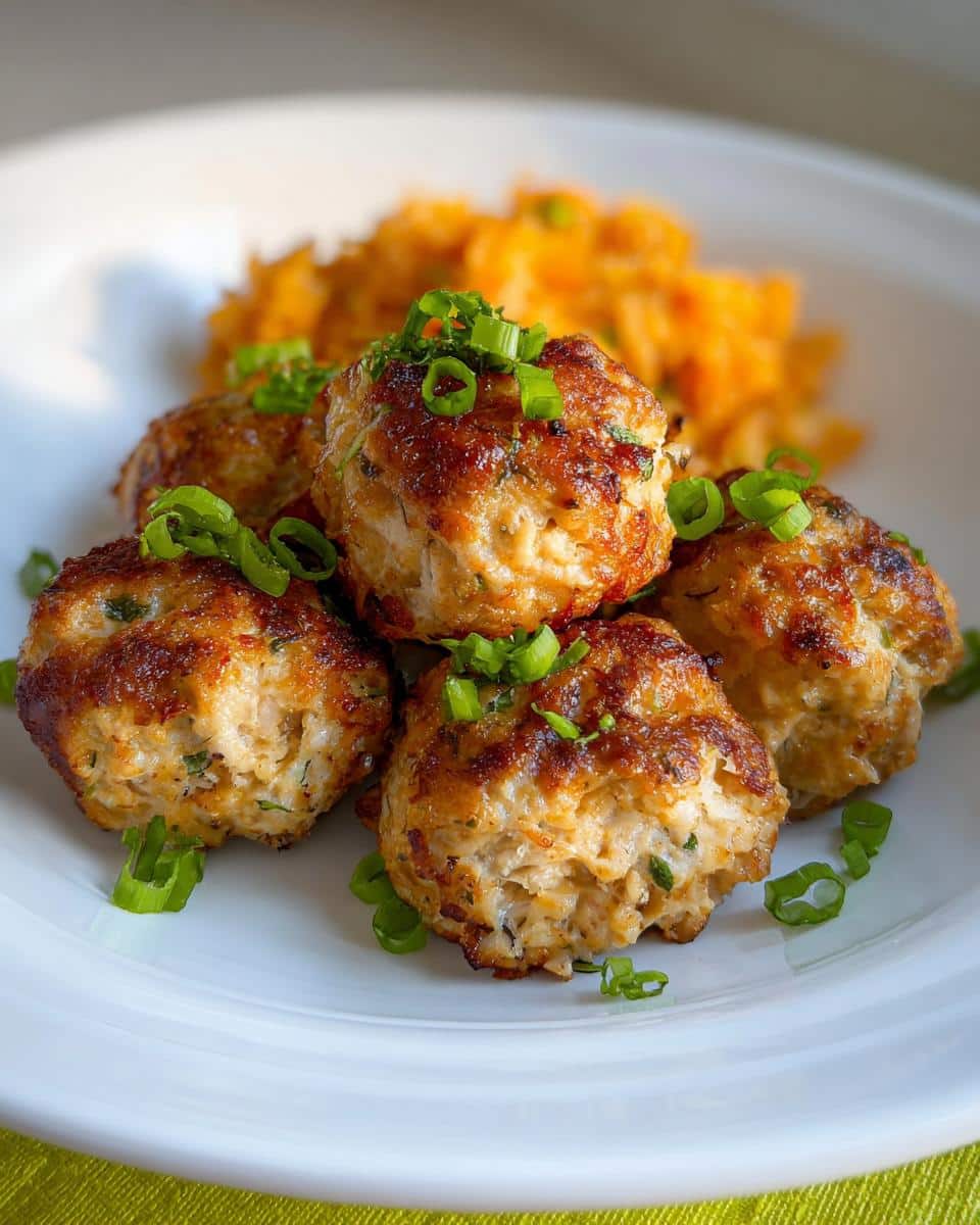 A plate of juicy Air Fryer Chicken Meatballs topped with fresh green scallions, served with a side of rice.