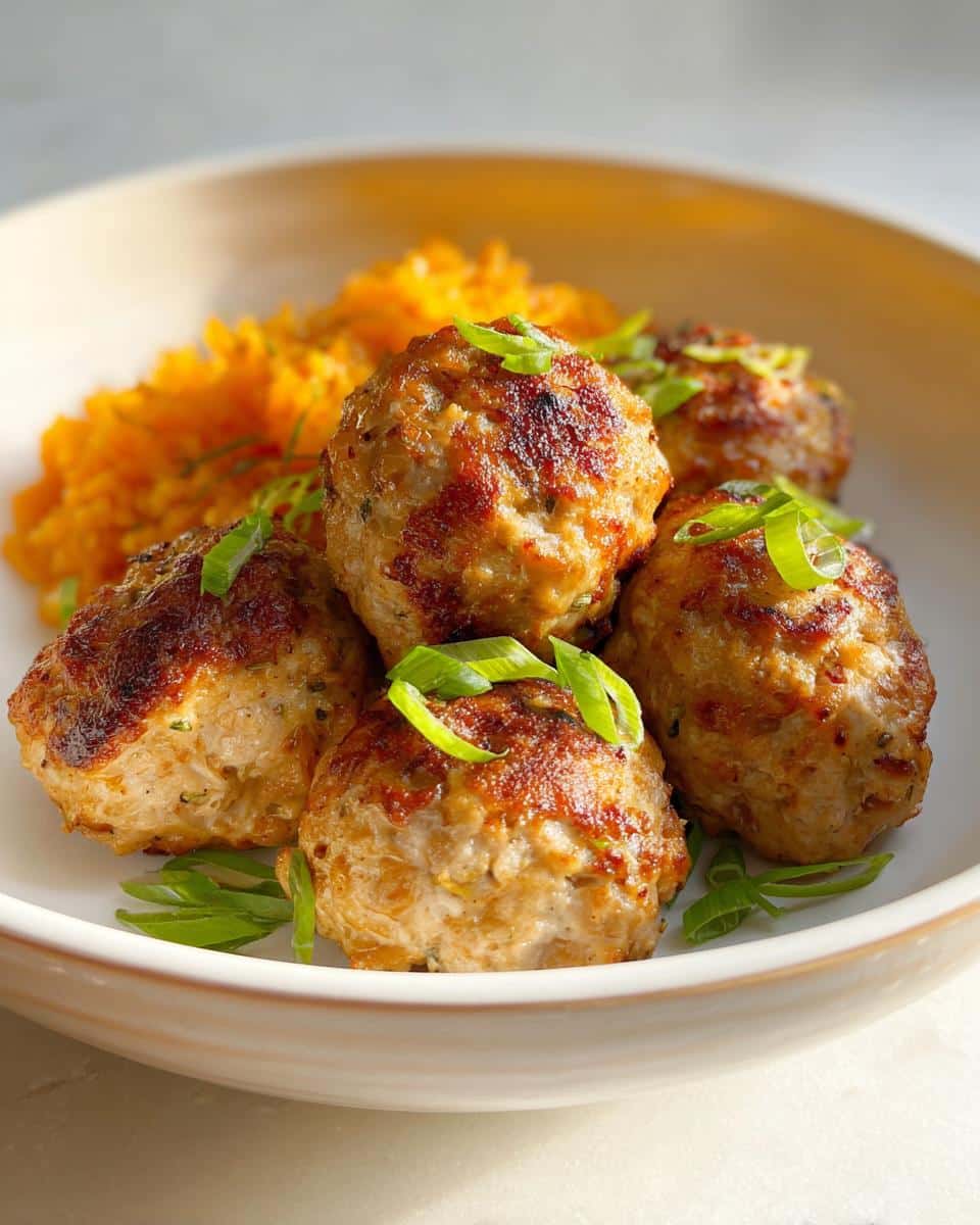 A close-up of five juicy Air Fryer Chicken Meatballs topped with fresh green scallions, served with a side of orange puree.