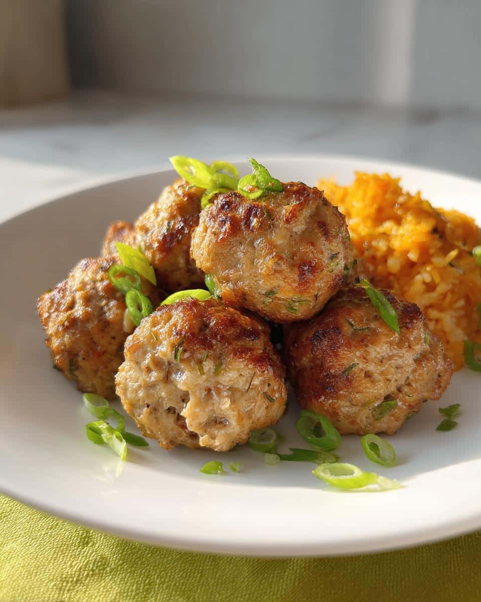 A plate of golden-brown Air Fryer Chicken Meatballs, garnished with fresh scallions and served with shredded carrots.