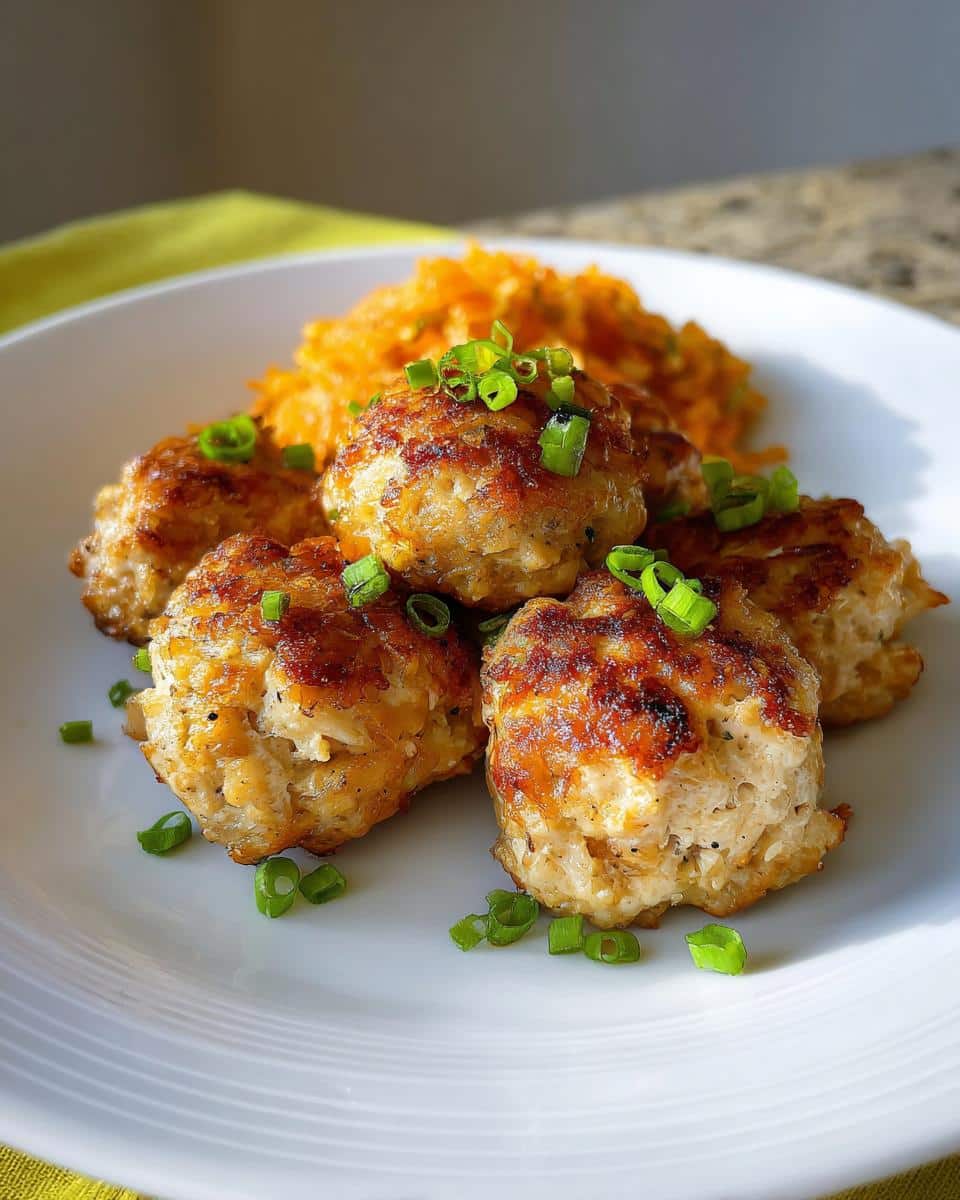 A plate of golden-brown Air Fryer Chicken Meatballs topped with fresh green scallions, served with a side of orange rice.