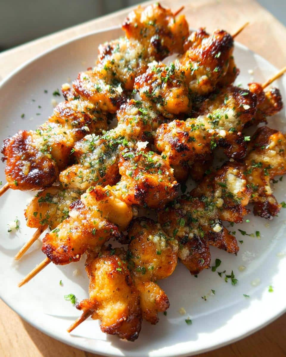 Close-up of golden-brown Air Fryer Chicken Skewers sprinkled with fresh parsley and garlic.