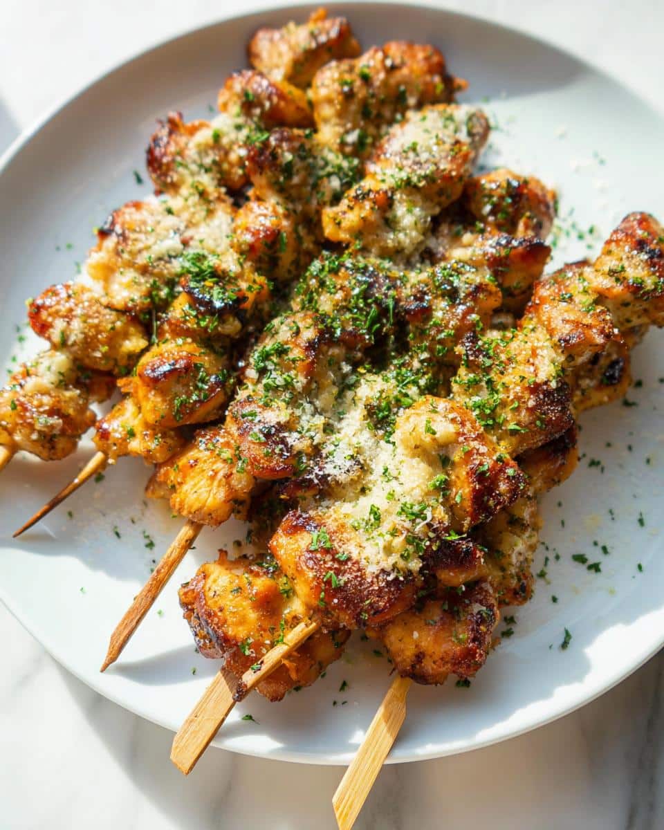 Close-up of delicious Air Fryer Chicken Skewers sprinkled with Parmesan cheese and parsley on a white plate.