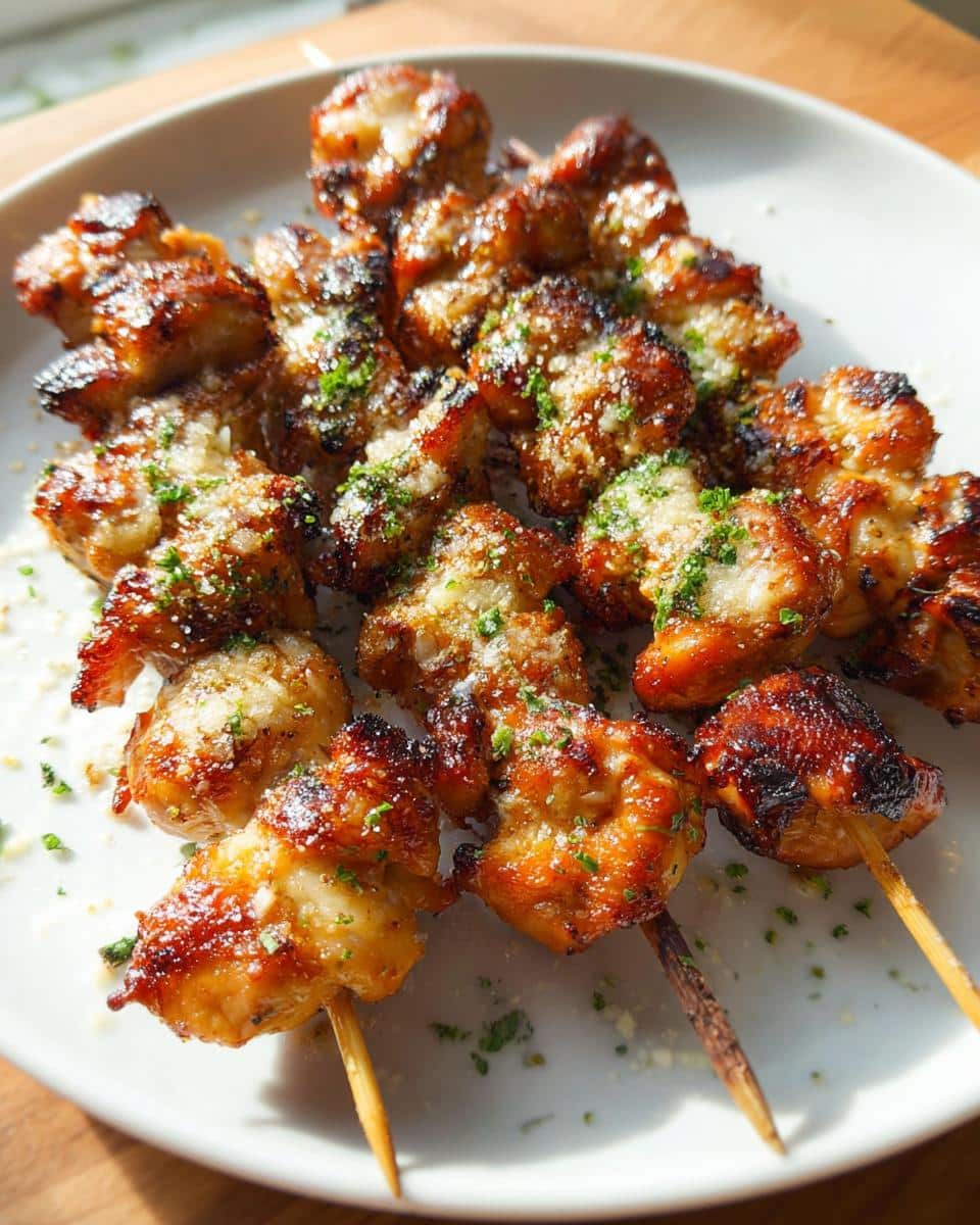A plate piled high with golden-brown Air Fryer Chicken Skewers, sprinkled with grated Parmesan cheese and fresh parsley.