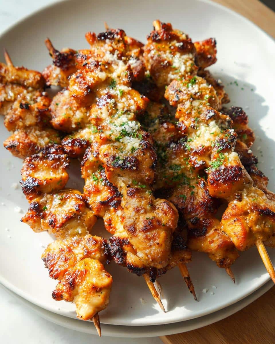A plate full of golden-brown air fryer chicken skewers, sprinkled with grated parmesan and parsley.