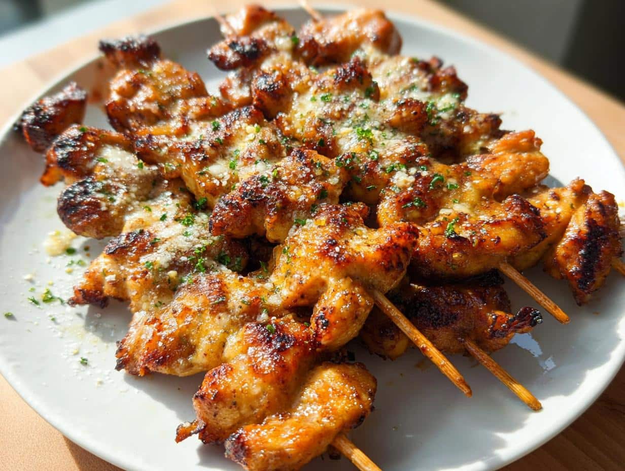 A close-up of several juicy air fryer chicken skewers, sprinkled with herbs and cheese, arranged on a white plate.