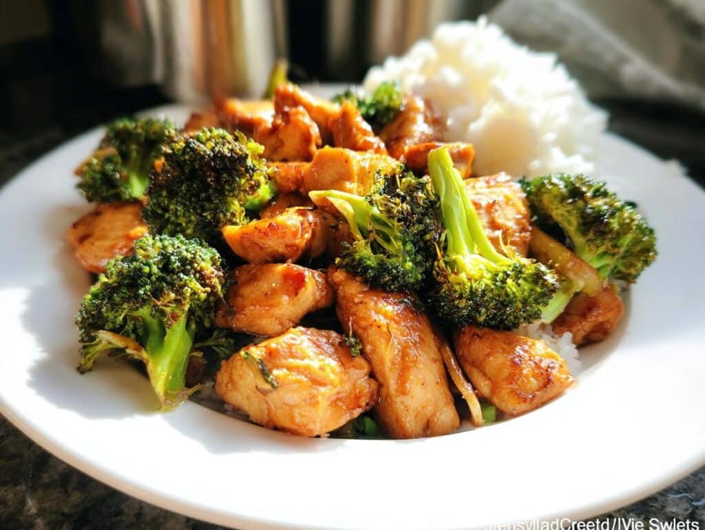 A plate of Air Fryer Chicken Stir-Fry with Broccoli served over white rice.