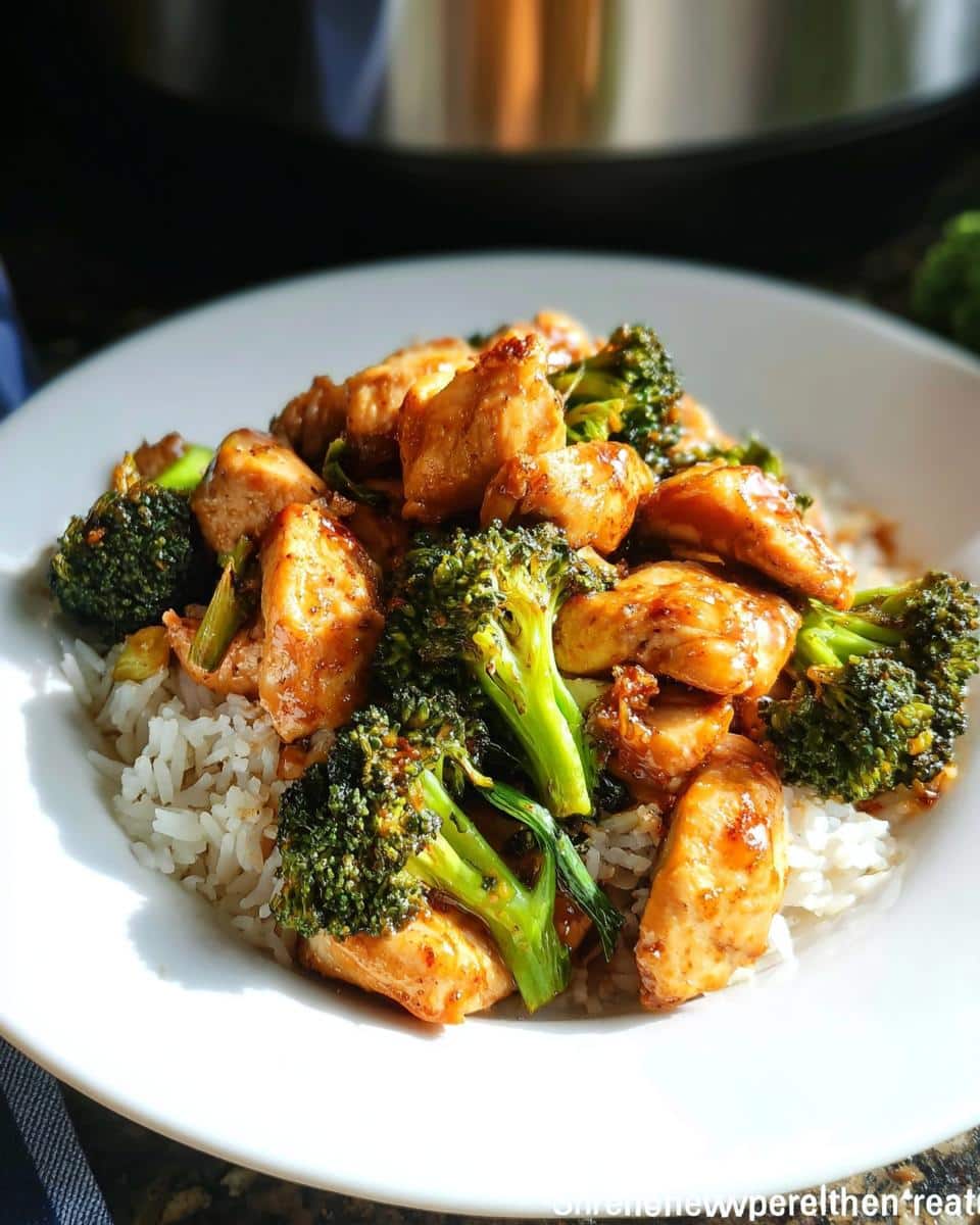 A close-up of Air Fryer Chicken Stir-Fry with Broccoli served over white rice on a white plate.