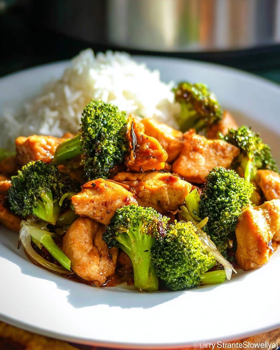 A close-up of Air Fryer Chicken Stir-Fry with Broccoli and rice on a white plate, showcasing tender chicken pieces and vibrant broccoli florets in a savory sauce.