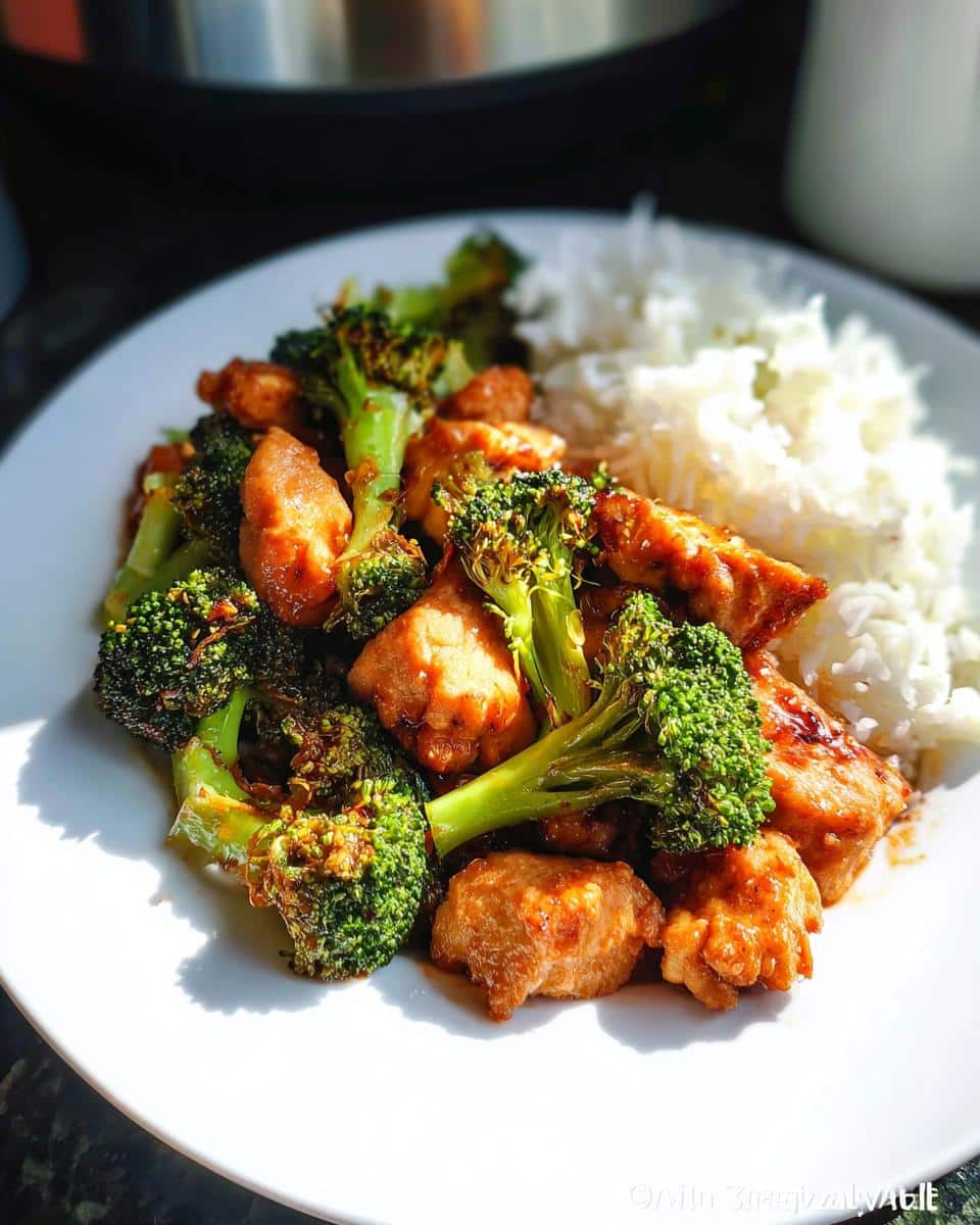 A plate of Air Fryer Chicken Stir-Fry with Broccoli served alongside fluffy white rice.