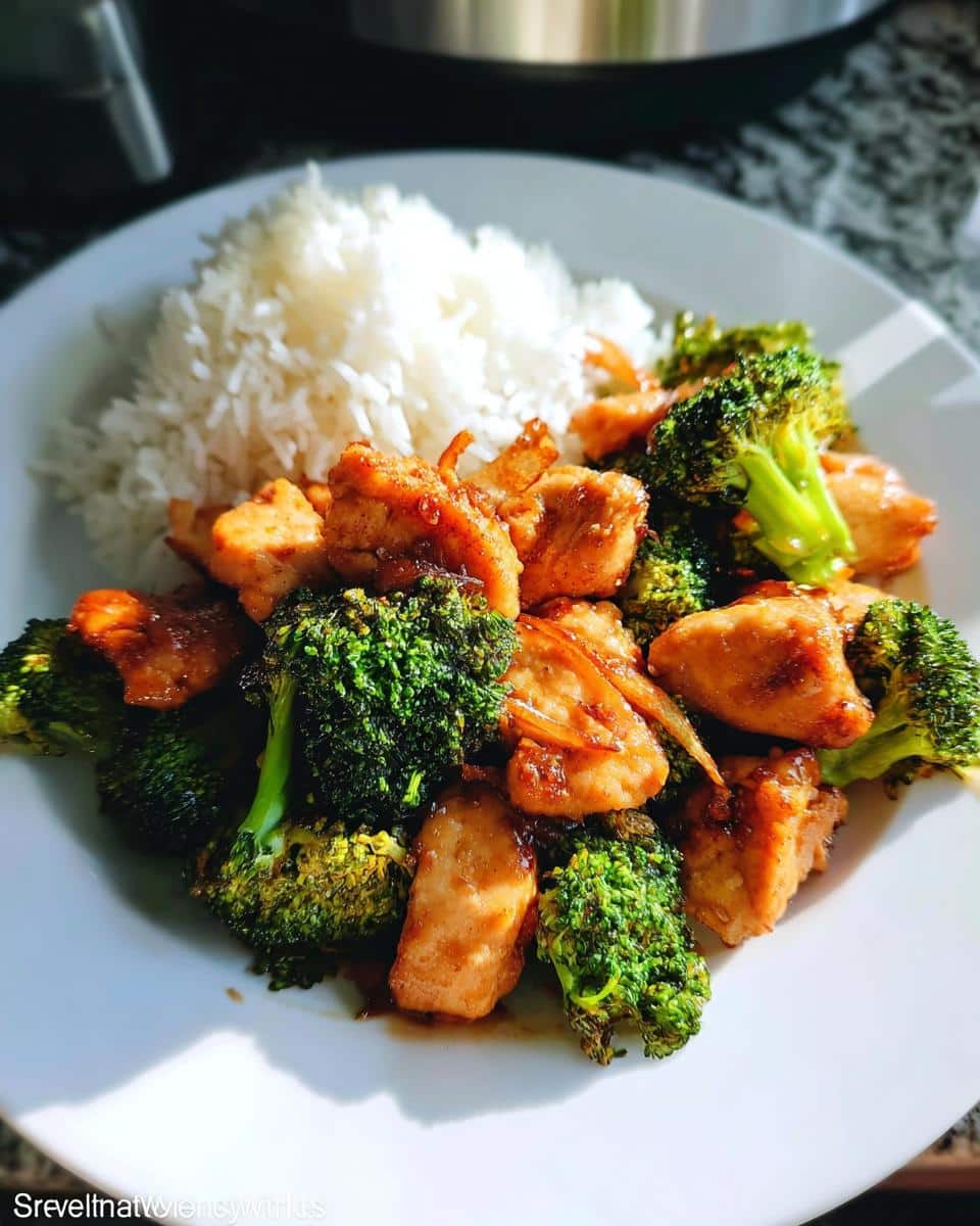 A plate of Air Fryer Chicken Stir-Fry with Broccoli served alongside fluffy white rice.