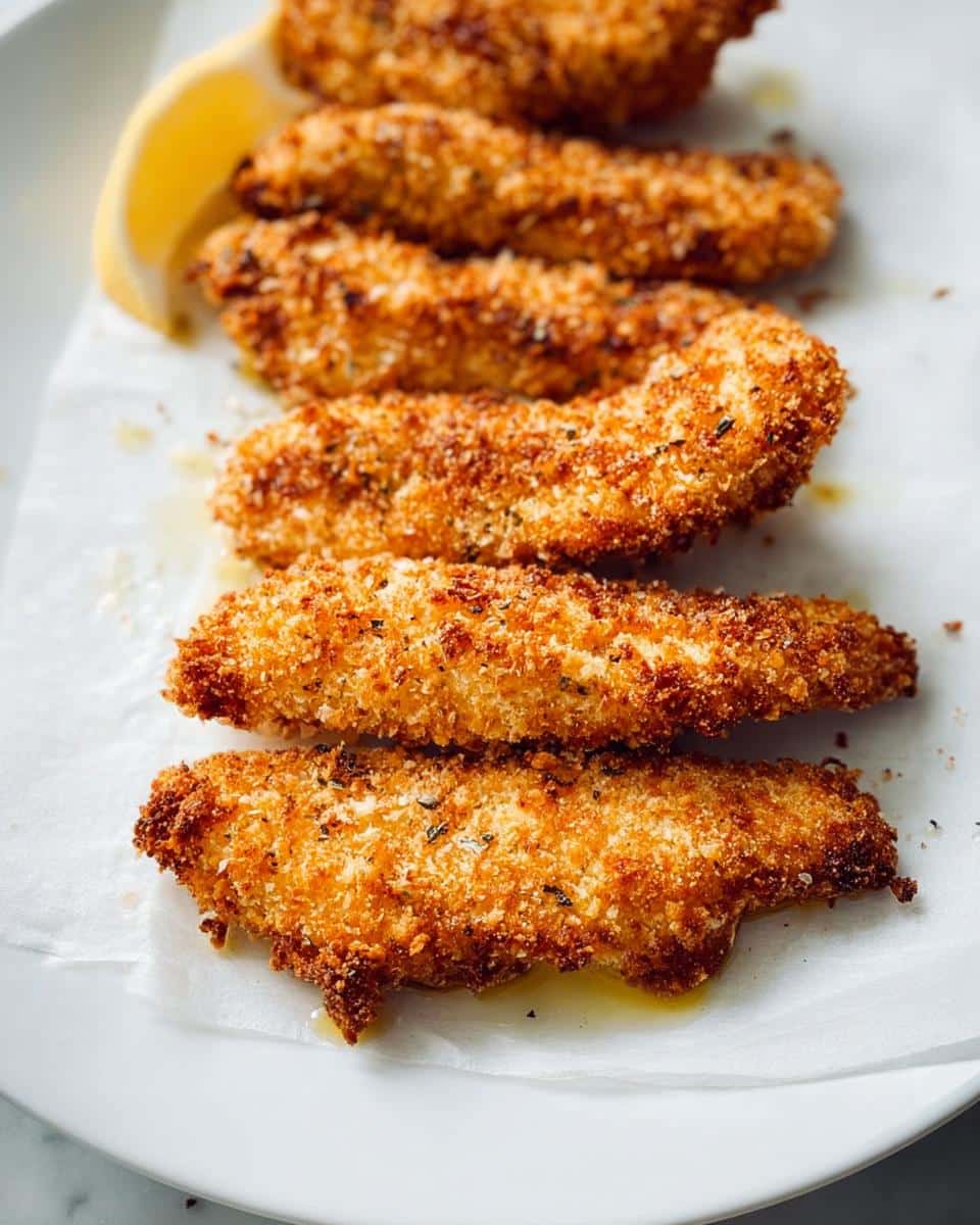 A close-up of golden-brown, crispy Air Fryer Chicken Tenders served with a lemon wedge on a white plate.